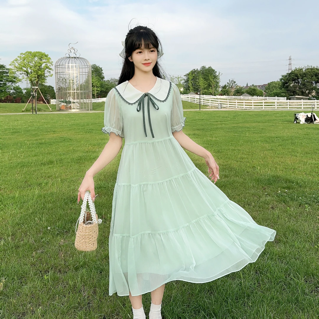 初中学生仙女连衣裙夏季长款高中女生少女大童夏装雪纺过膝长裙子