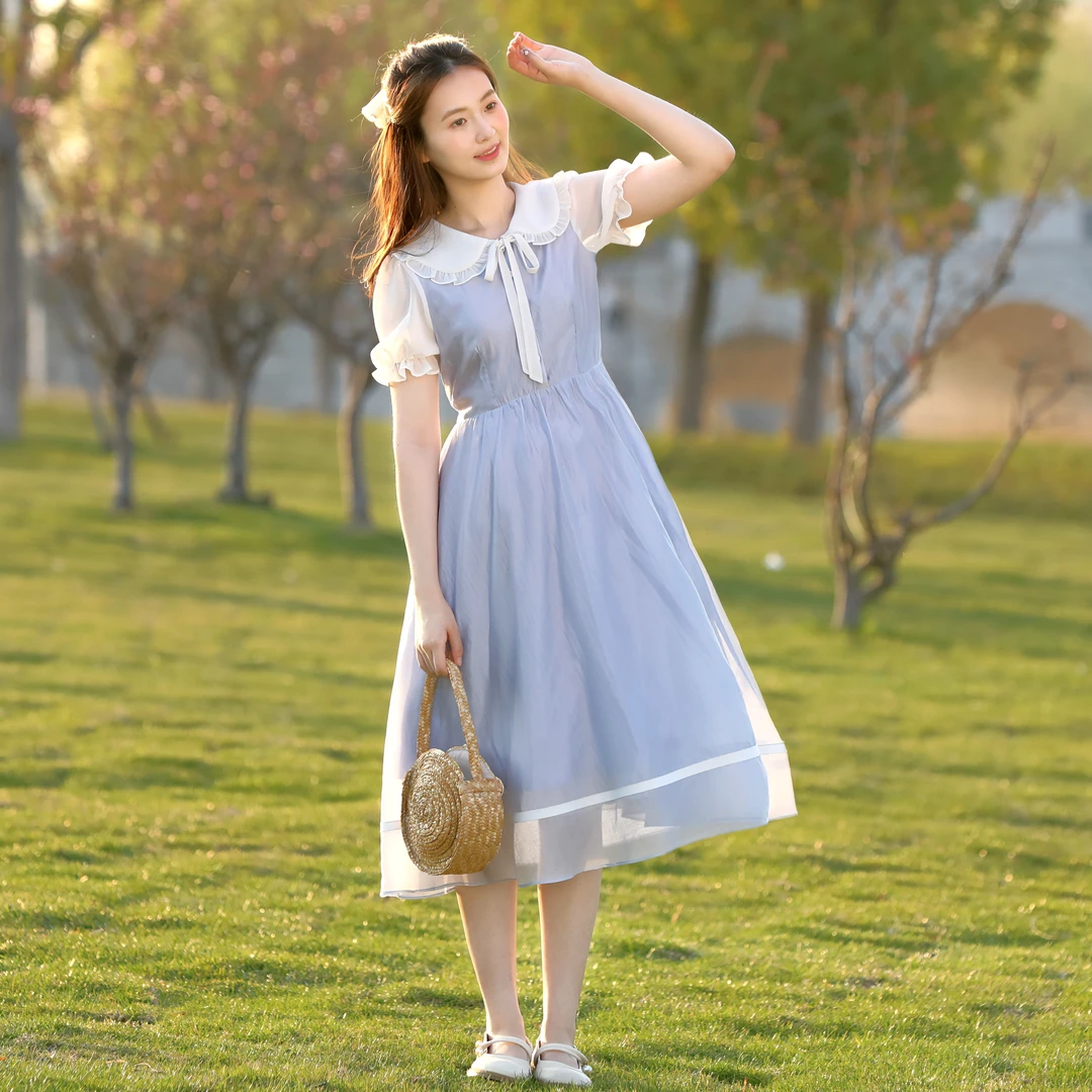 初中生夏季连衣裙学院风甜美公主裙少女长裙过膝高中生学生小清新