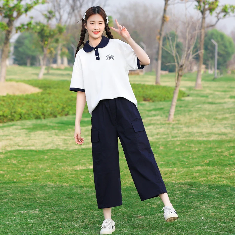 初中生夏季套装女POLO衫两件套少女大童12-18岁高中学生夏装宽松
