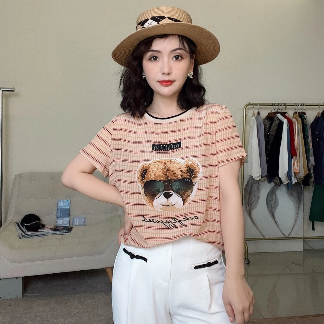 清货《叶子妃》小熊烫钻桑蚕丝T恤