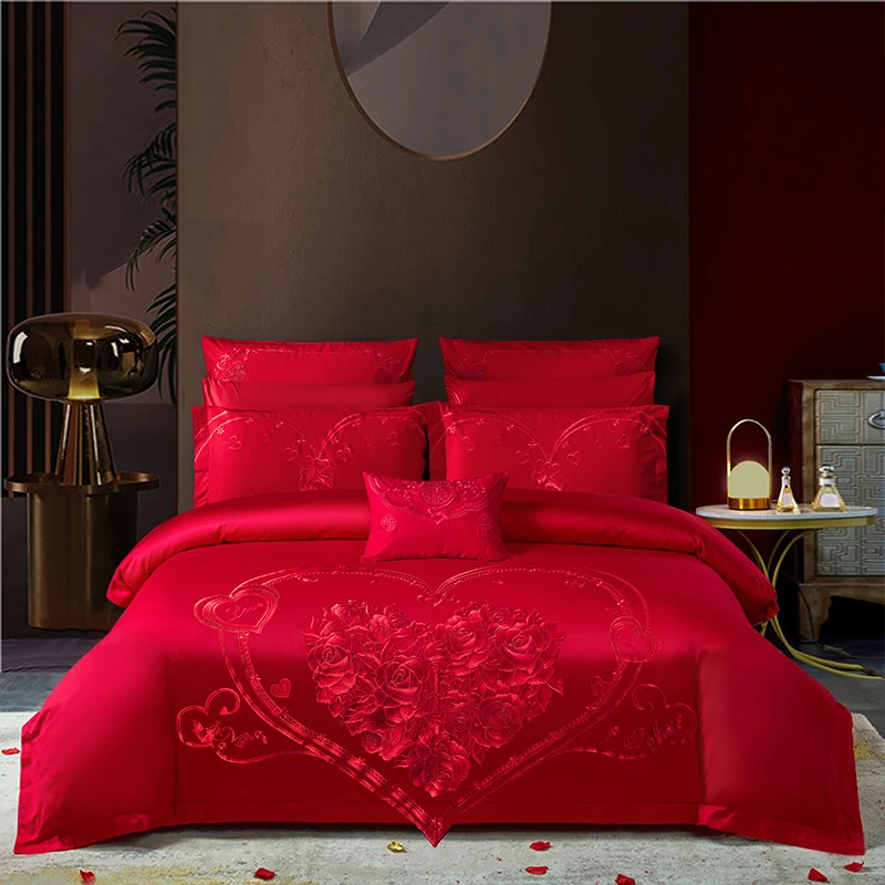 纯棉婚庆刺绣多件套床单式四件套六件套十件套结婚大红套件