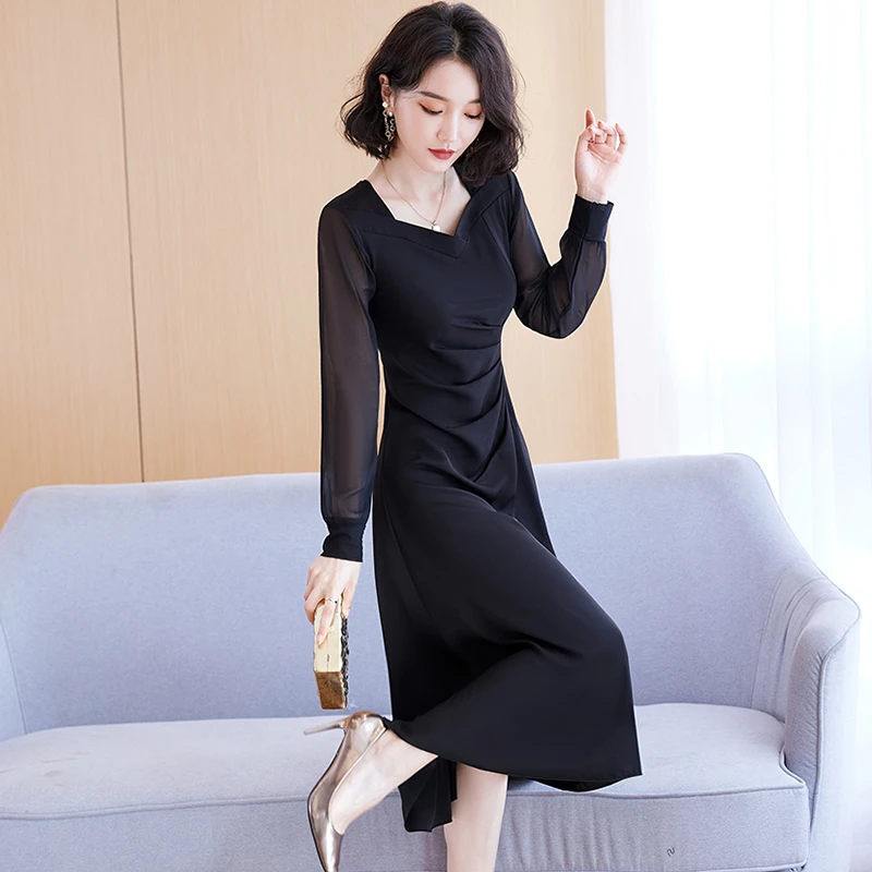 A328春装方领雪纺连衣裙女长袖2024新款春秋气质修身显瘦长款裙子