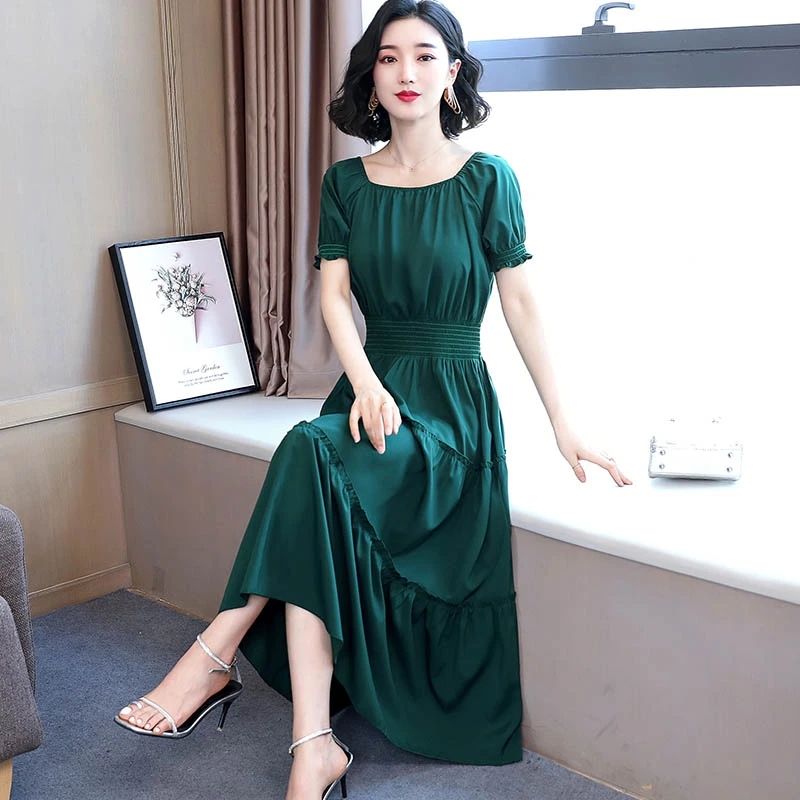 短袖方口领连衣裙2025新款女夏长款收腰显瘦修身气质遮肚大码长裙