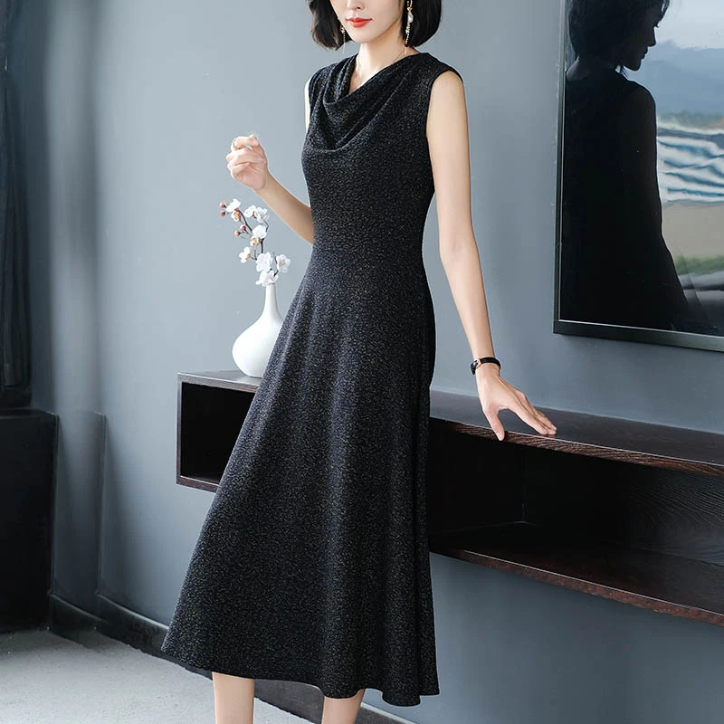 A202无袖针织连衣裙女夏装2024新款收腰显瘦长款高腰v领气质裙子