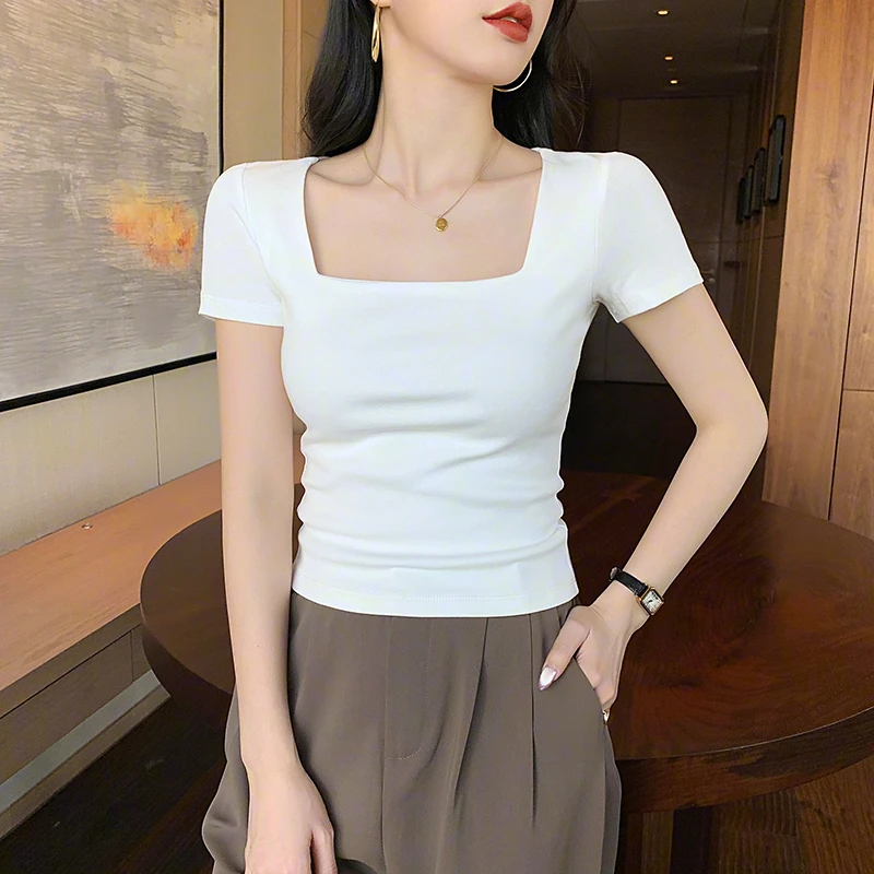 方领白色短袖t恤女夏季新款低领修身显瘦打底小衫性感漏锁骨上衣