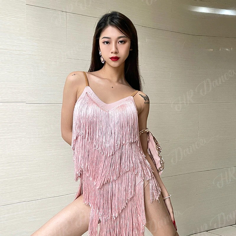 瀚仁新款拉丁舞服性感流苏连衣裙粉色舞蹈服专业练功服演出比赛服