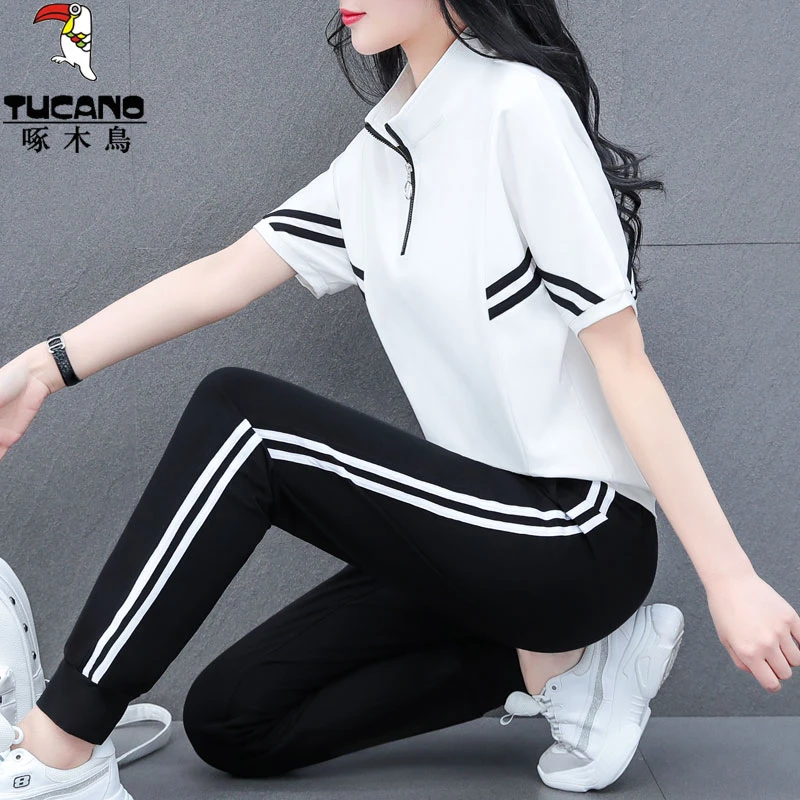 【官方正品】啄木鸟运动套装女2025年夏季新款宽松短袖休闲服两件套