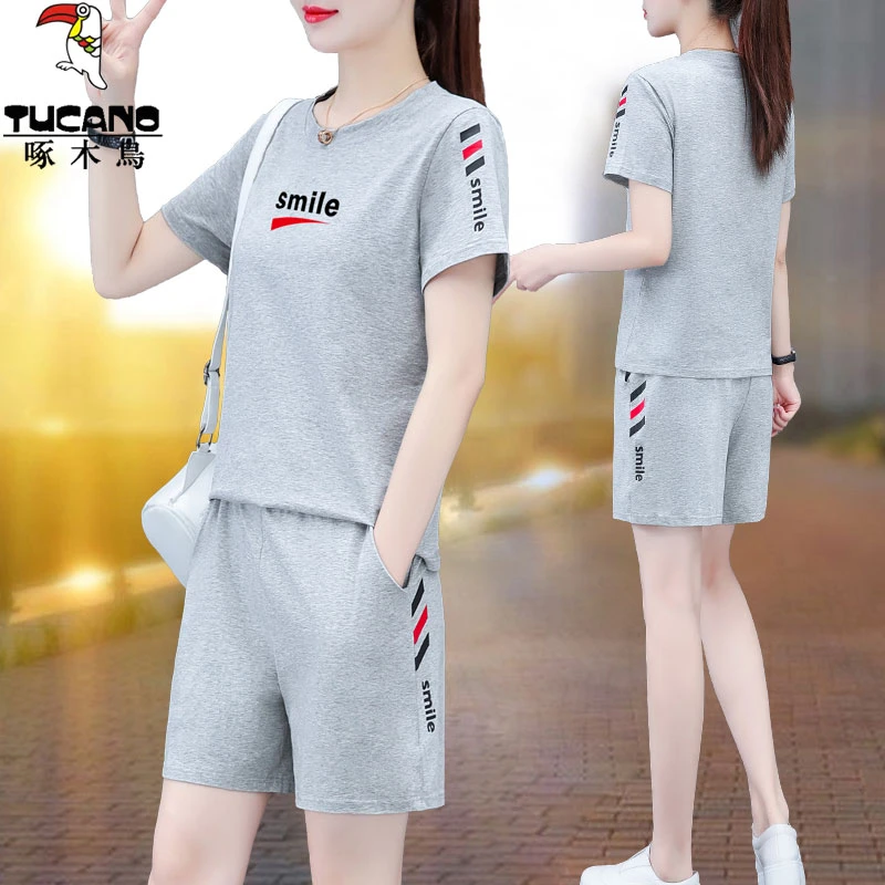 【官方正品】啄木鸟短袖T恤运动套装女2025夏季新款休闲时尚两件套