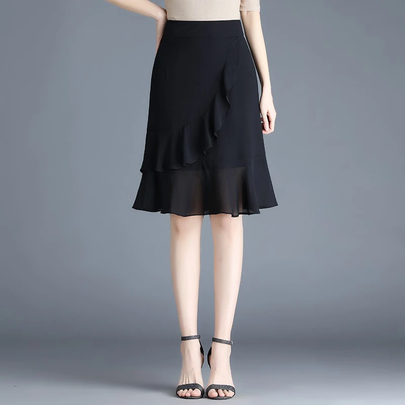 伊麦菲娜89789黑色雪纺鱼尾裙A字半身裙姥姥姥姥的饺子馆裙子半裙