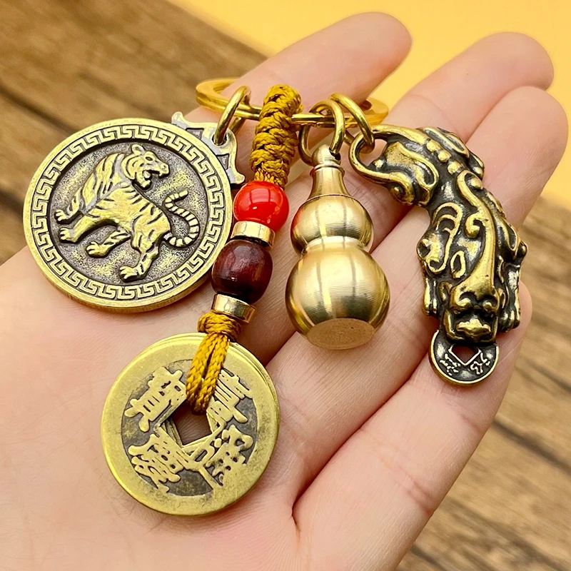 亦铭堂黄铜十二生肖钥匙扣汽车挂件复古貔貅钥匙链挂饰个性男女