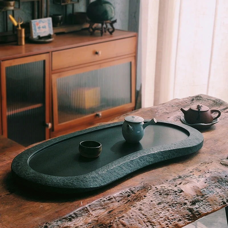 天然乌金石茶盘家用复古简约石茶盘干泡台带排水桌面石头茶台茶具