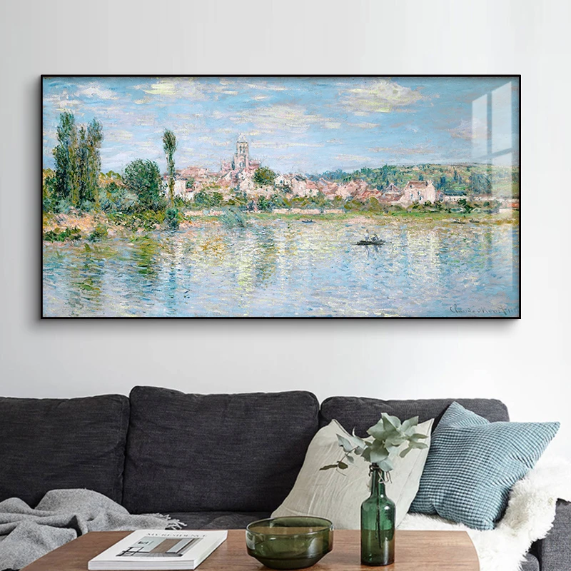 1莫奈油画客厅装饰画横幅沙发背景墙挂画卧室风景壁画简约单幅