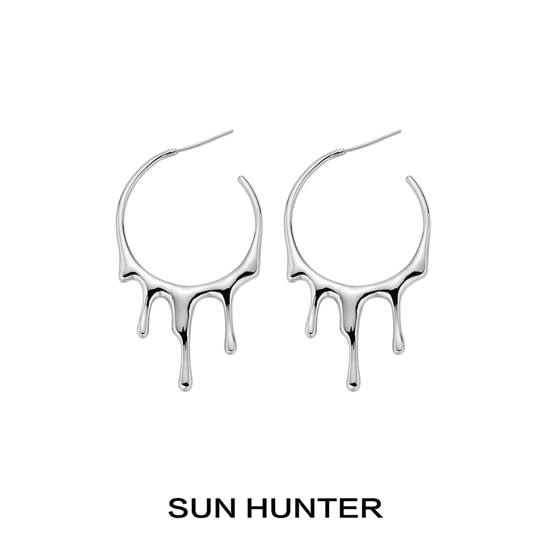 合金合成锆石耳饰 三横SUN HUNTER原创水滴耳钉银色金属风耳环