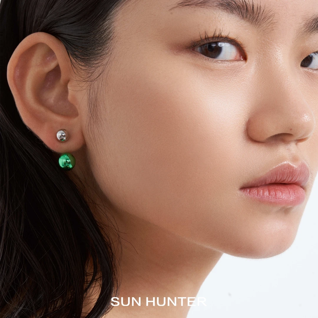 合金合成锆石耳饰 三横SUN HUNTER原创金属耳钉绿色前后戴耳钉