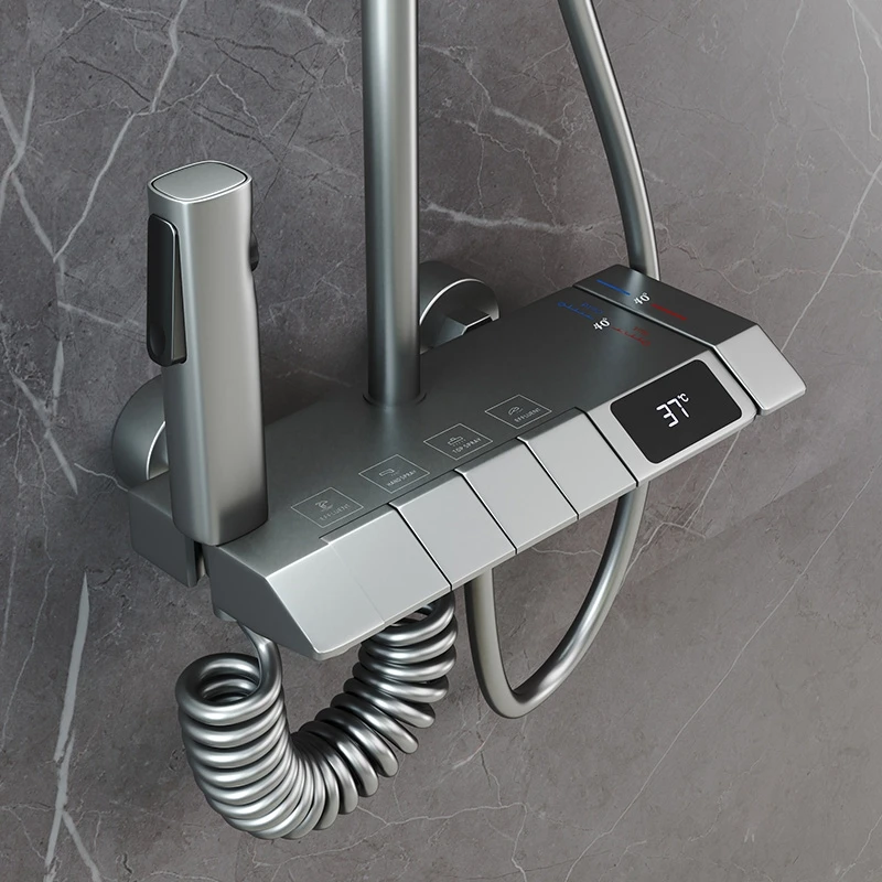 航母四档全铜恒温数显花洒枪灰电镀白色增压花洒钢琴按键花洒套装