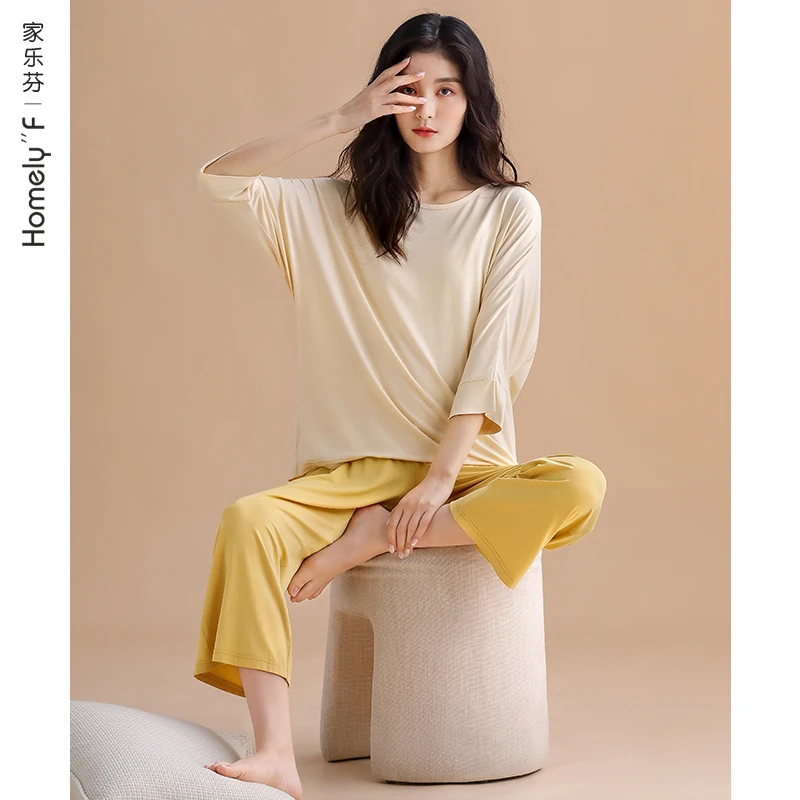 家乐芬【莫代尔】春夏款弹力棉七分袖长裤女士家居服可外穿睡衣