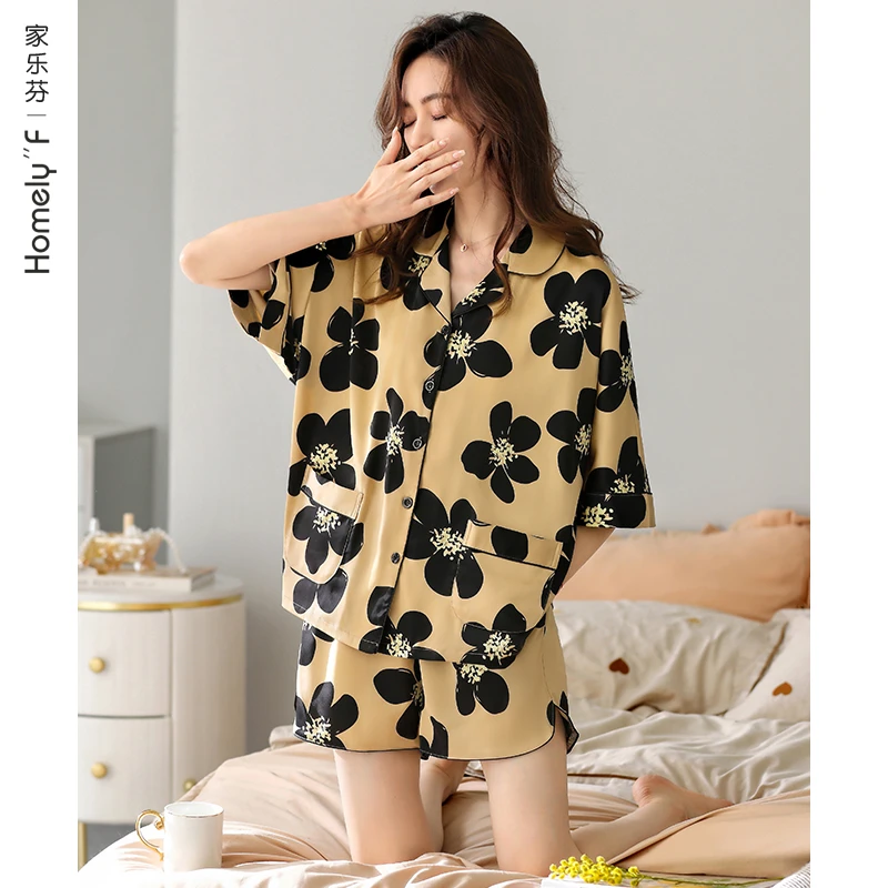 家乐芬睡衣女夏季夏款夏天冰丝短袖短裤家居服大码套装