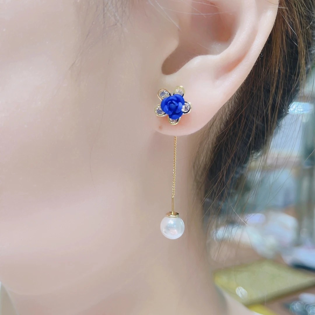 舒啸 铜合金耳饰 蓝色玫瑰灵动流苏耳线精致高级气质轻奢耳饰2号
