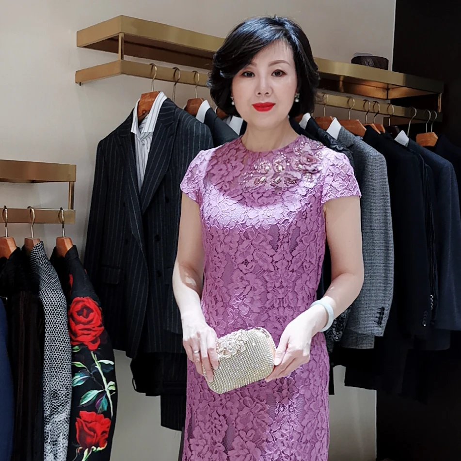 应大定制紫色股线蕾丝连衣裙女宴会场合装喜妈妈装