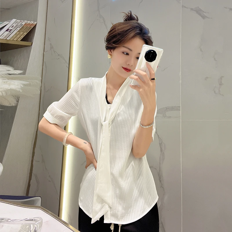 楠楠轻奢1236纯色飘带衬衫女高端缎面上衣设计感小众轻熟百搭夏款