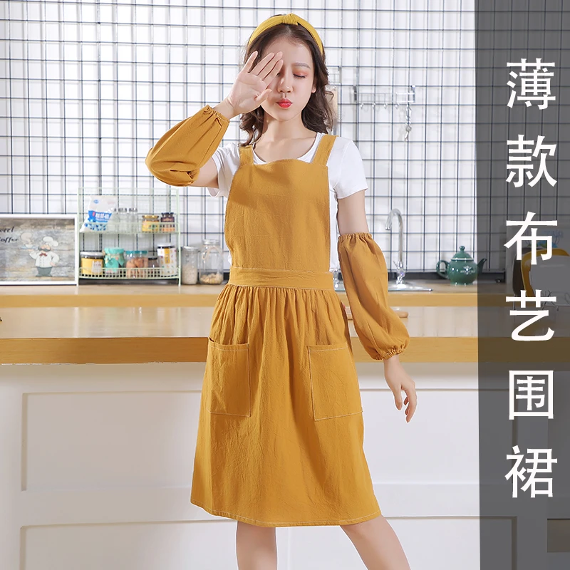 围裙夏季薄款背带式工作服女奶茶咖啡花店中长款网红做饭围裙印字