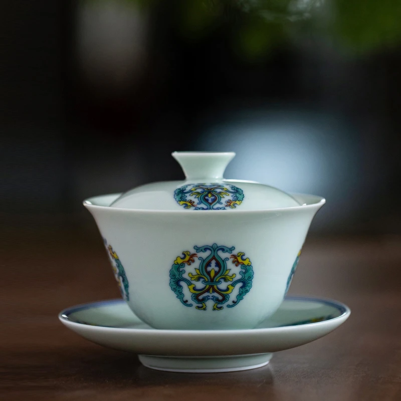 元青功夫茶具三才盖碗（MULTIPOTENT）忍冬灵芝纹薄胎瓷盖碗茶碗