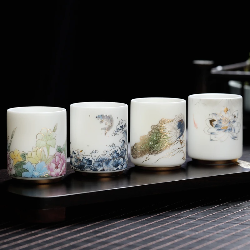 元青佳盛 中国白茶杯羊脂玉主人杯品茗杯高升杯4个装（富贵满堂)
