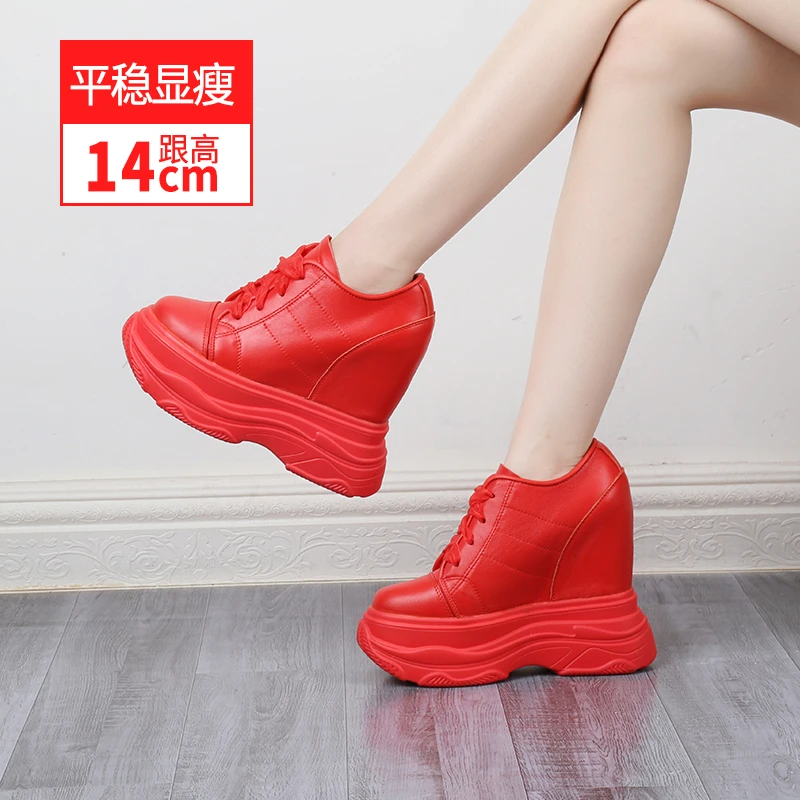 真皮女鞋2025夏季厚底内增高小白鞋休闲真皮老爹鞋低帮单鞋14公分