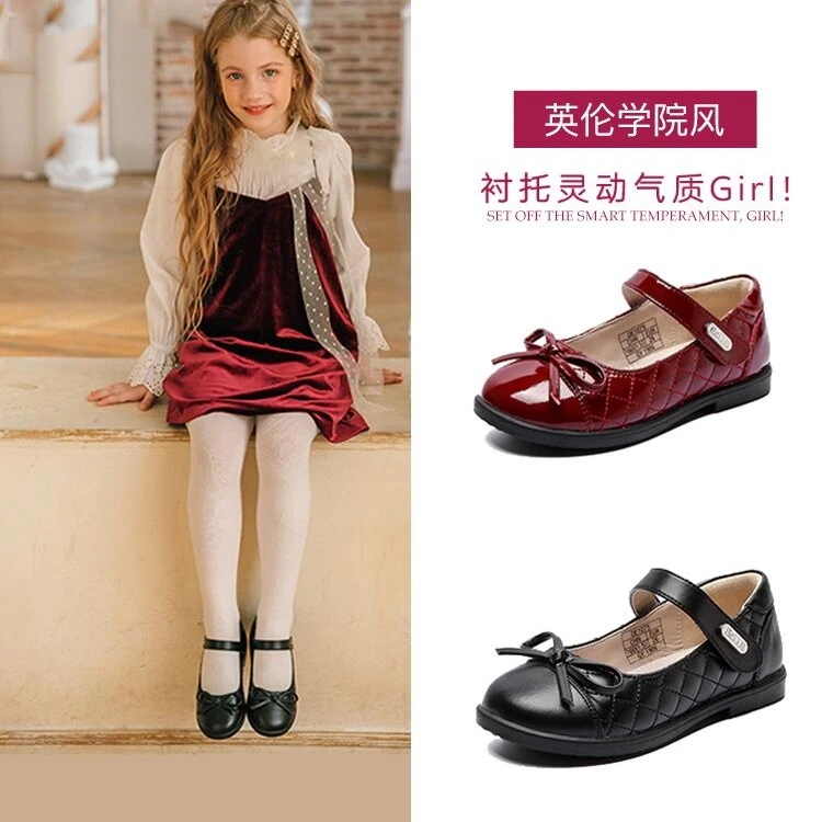 百丽童鞋中小童皮鞋学生鞋女童礼仪鞋返校鞋DE1075蝴蝶结单鞋软底