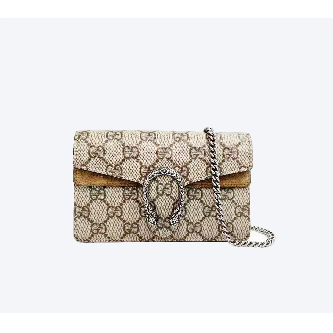 95新 GUCCI/古驰 酒神超mini卡其老花链条包G966158