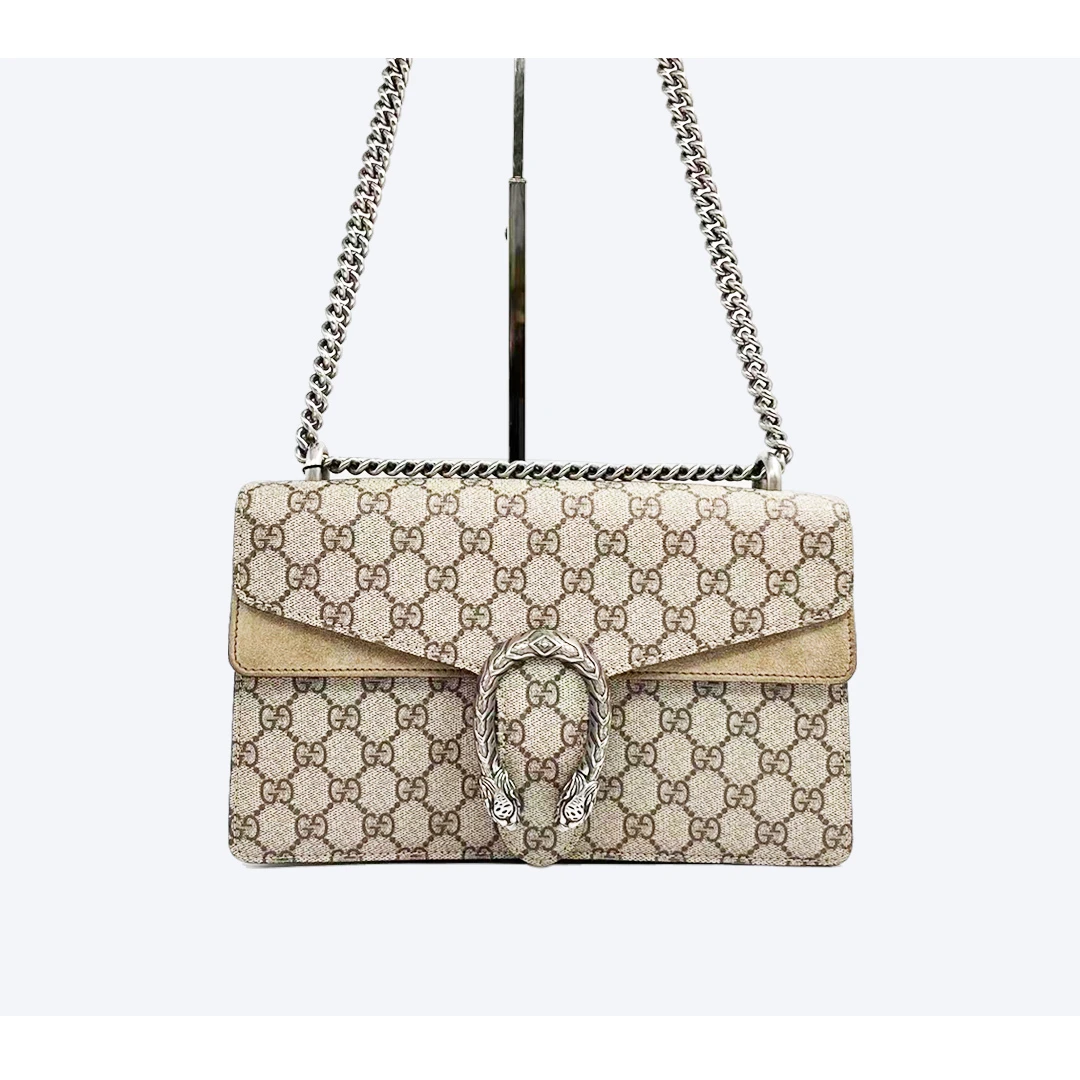 95新 GUCCI/古驰 酒神中号卡其色链条包G7455