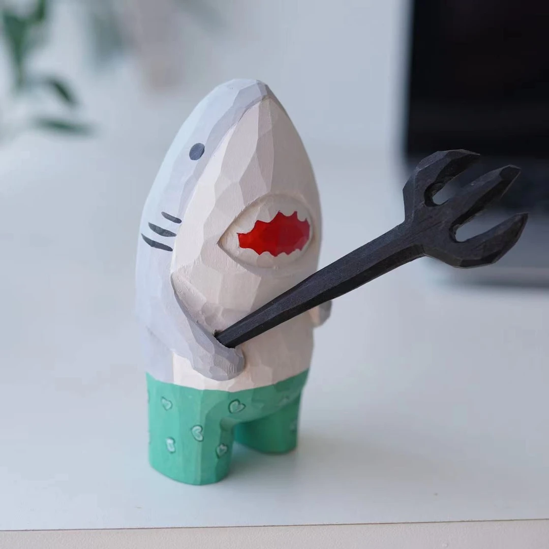 创意大沙叉鲨鱼桌面搞怪木雕摆件