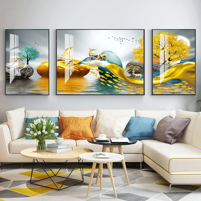 客厅餐厅卧室走廊三联画沙发背景墙高端水晶装饰挂画铝合金边框