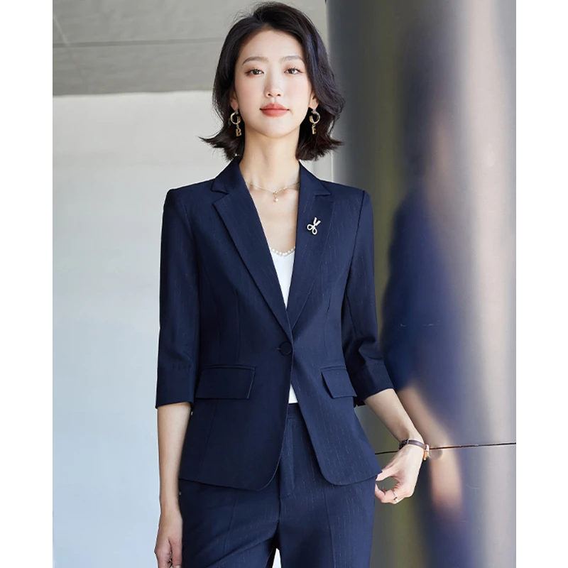 银丝条纹西装套装女外套职业装工作服套裙套裤修身通勤时尚小西服