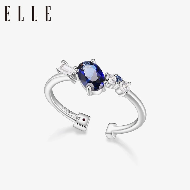 ELLE 铜合金合成锆石戒指 克莱因蓝纯银开口戒小清新尾戒生日礼物