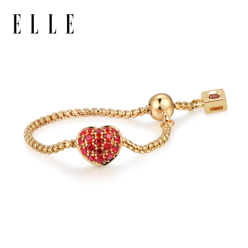 ELLE 铜合金合成锆石戒指 心形链条可调节戒指送女友转运珠戒指