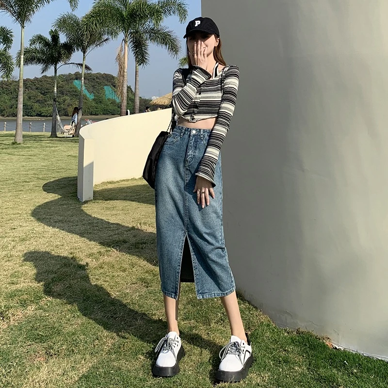 【清货】不规则高腰中长款牛仔半身裙复古开叉港风包臀显瘦半身裙