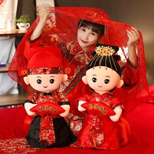 【天赐良缘】创意中式婚庆压床娃娃一对金童玉女婚房结婚抱枕公仔