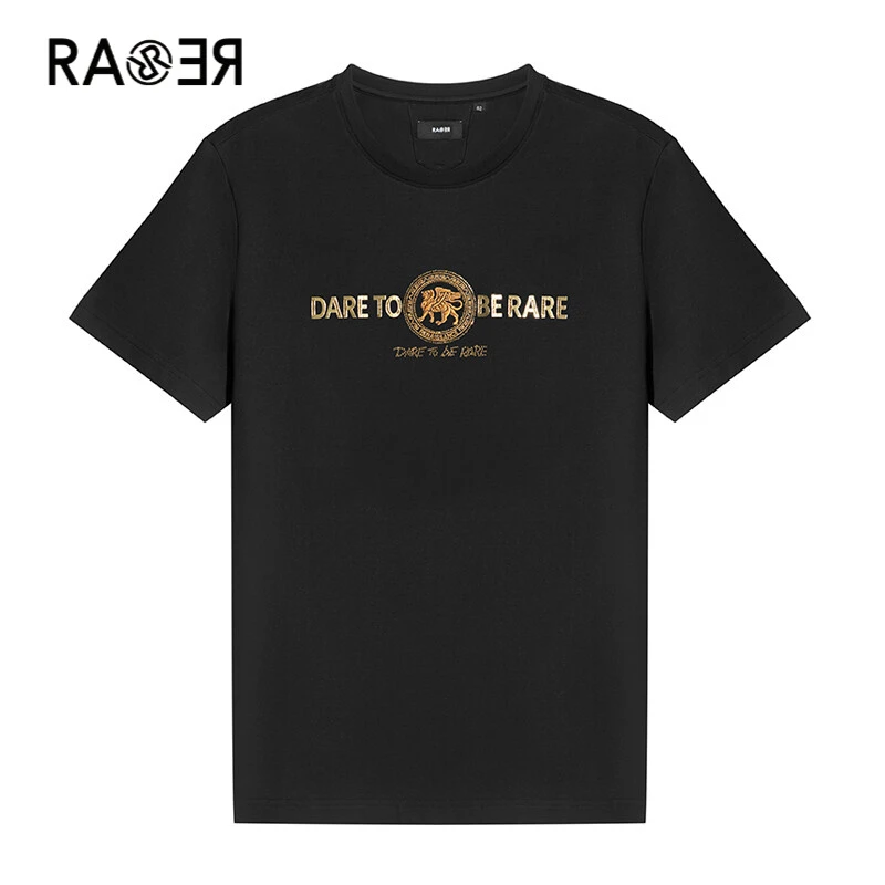 RARE威雅男装夏季新款飞狮字母烫钻绣花款工艺黑色短袖T恤