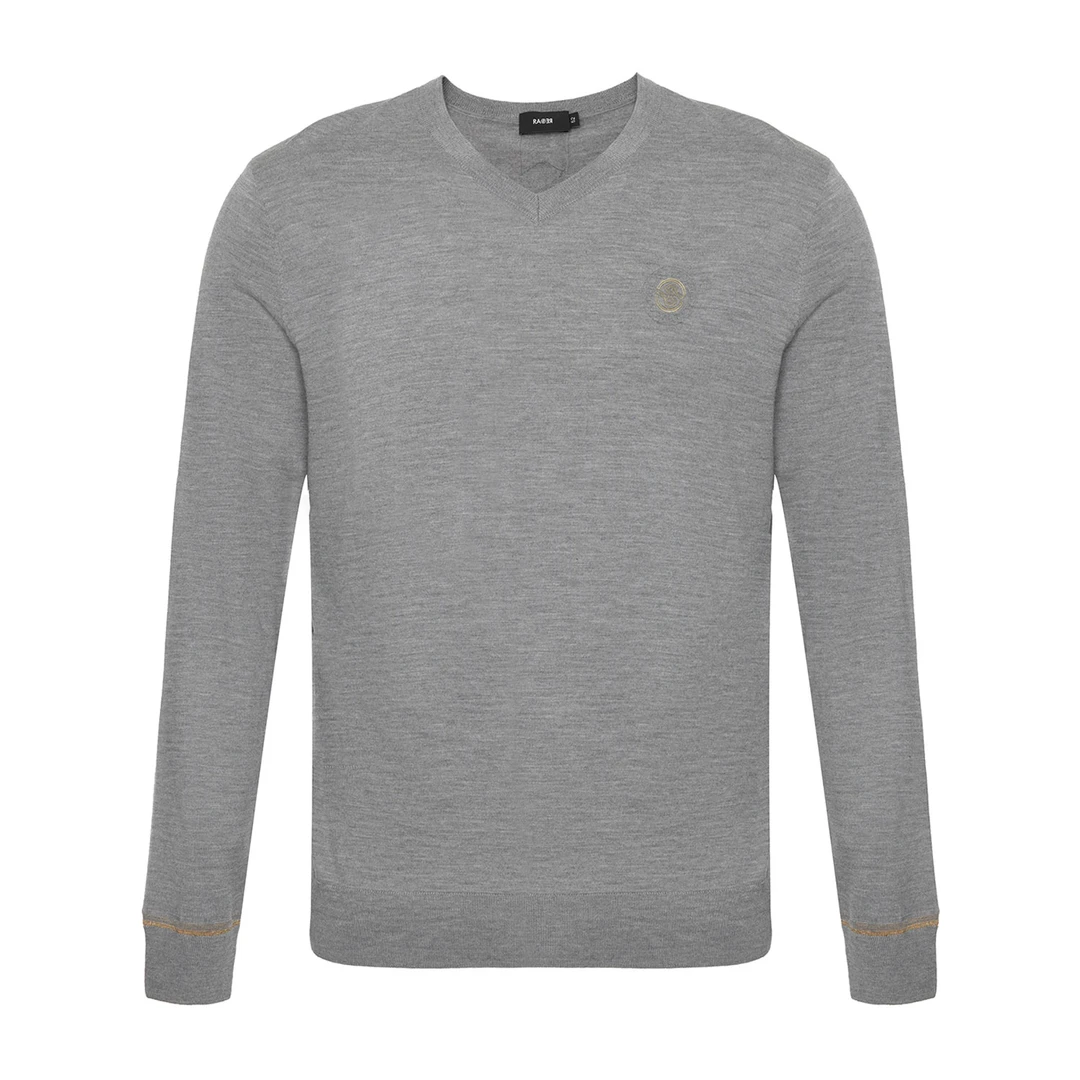 RARE威雅男装秋冬款简约灰色小logo图案绵羊毛长袖毛衫