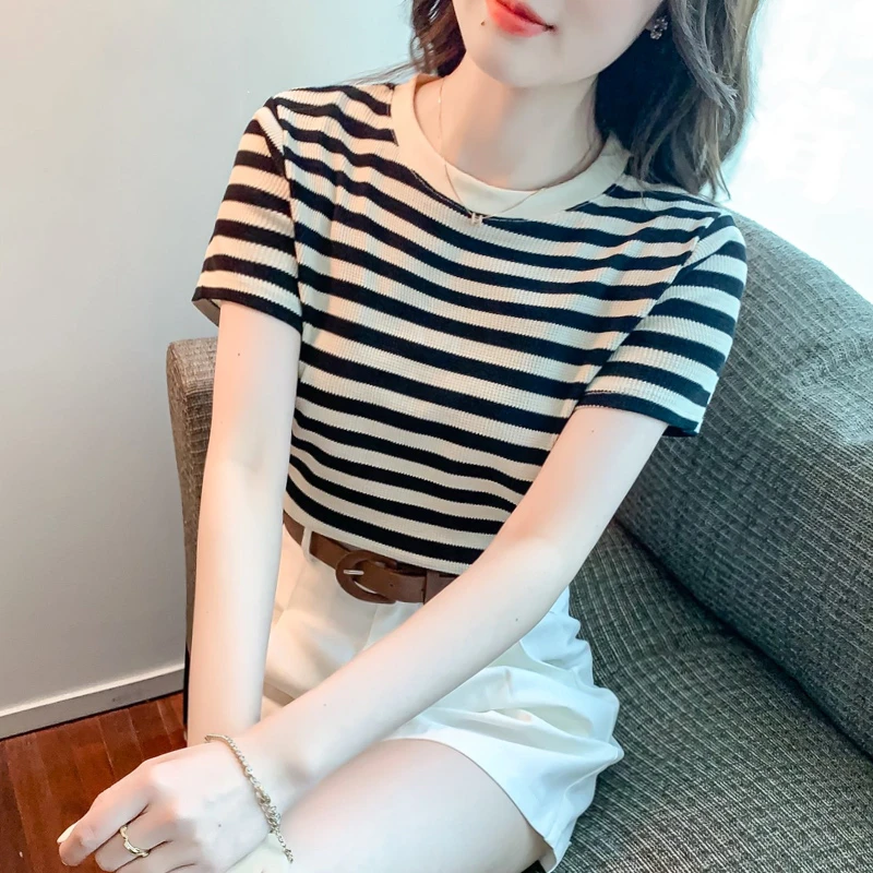 小个子条纹印花短袖t恤女装夏季2024年新款修身时尚百搭上衣洋气
