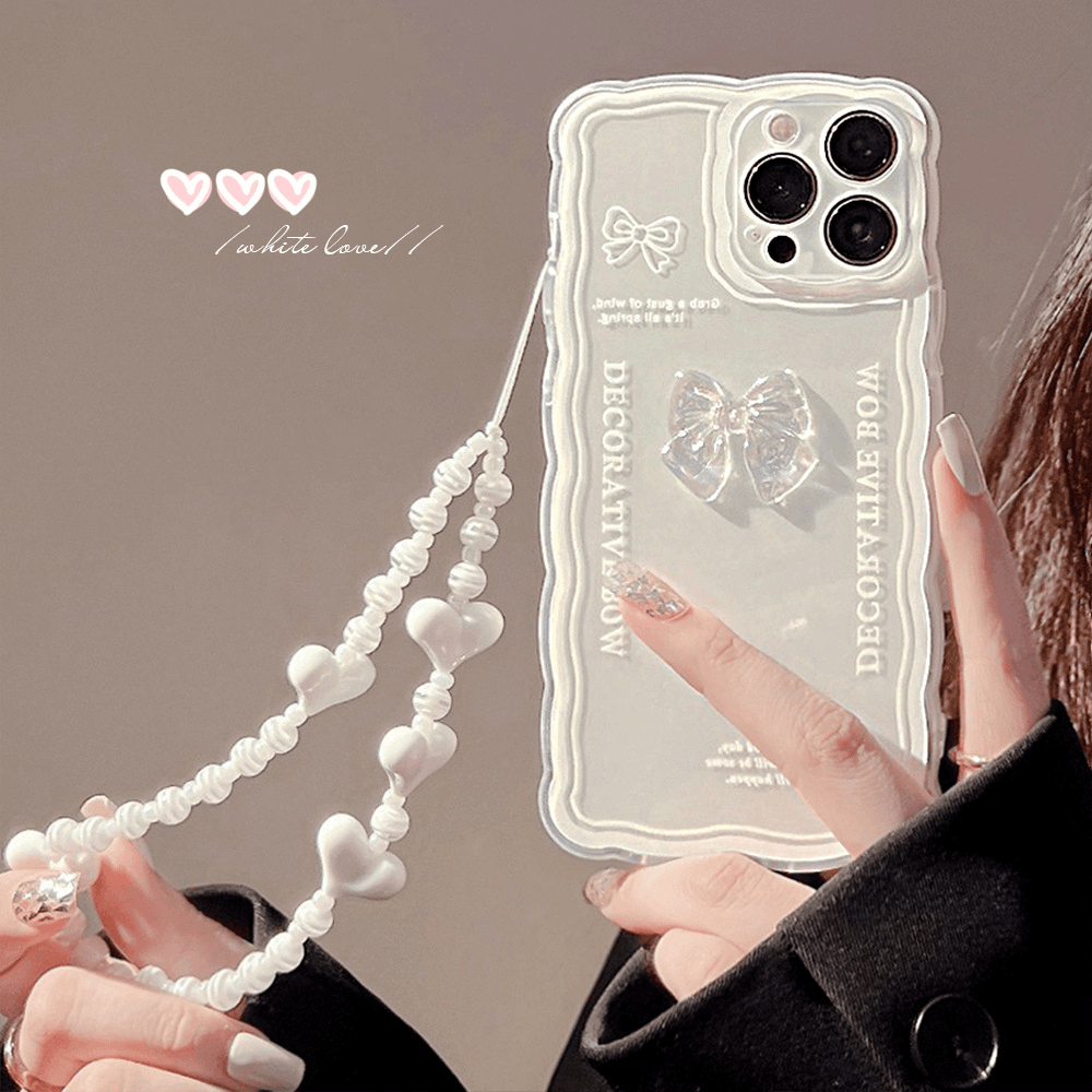 【苹果】ins冰透蝴蝶结带爱心挂绳iphone14少女波浪透明3手机套壳