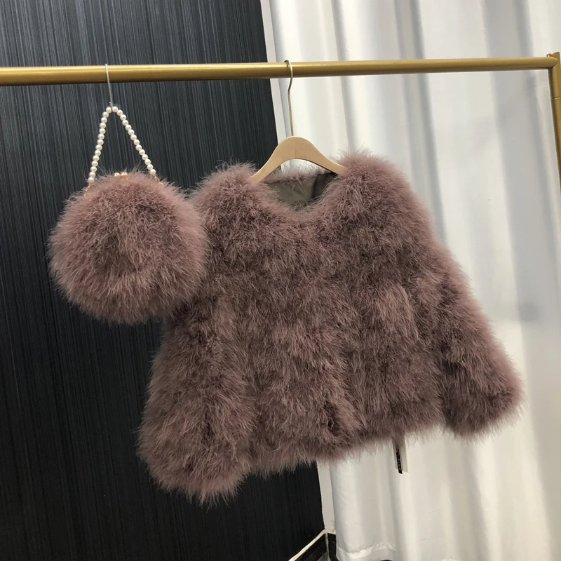 小个子版豆沙色羽毛短外套加厚女秋冬美衣时尚百搭气质小个子女生
