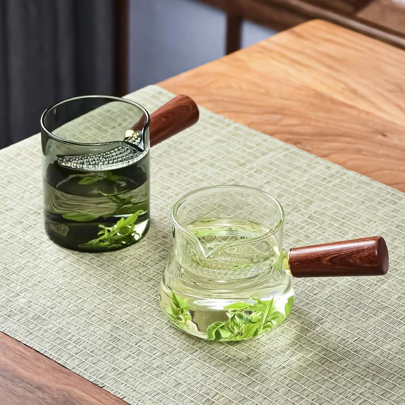 侧把分茶月牙公道杯日式锤纹手工加厚耐热玻璃茶水分离家用茶道