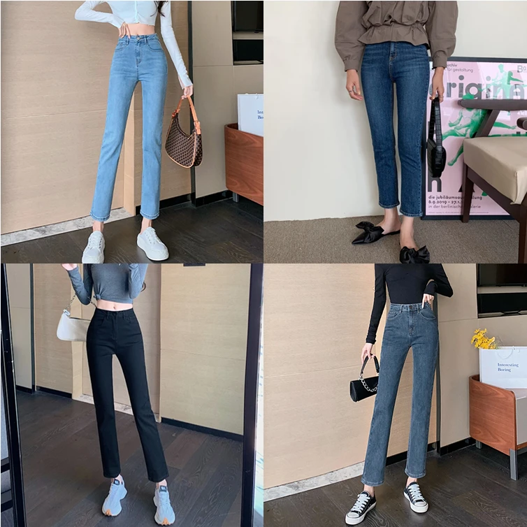烟管直筒裤女2023春季新款网红高腰弹力牛仔裤女紧身黑色显瘦九分