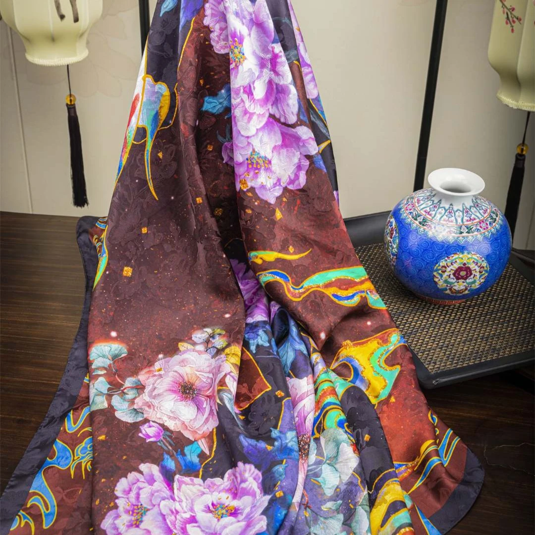 帝妃【奇幻牡丹】140×140高定花萝重磅22姆方巾桑蚕丝真丝丝巾