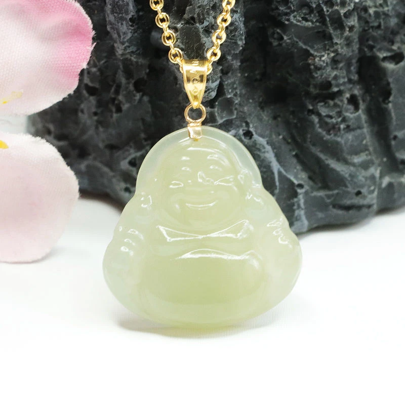 天然正品和田玉吊坠18k金女款镶小佛公玉石玉器珠宝平安挂件玉佛