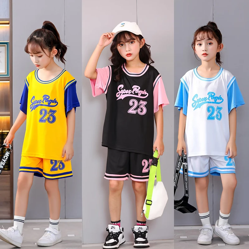 宝宝儿童篮球服女套装23号球衣速干篮球衣黑色粉红短袖训练服运动