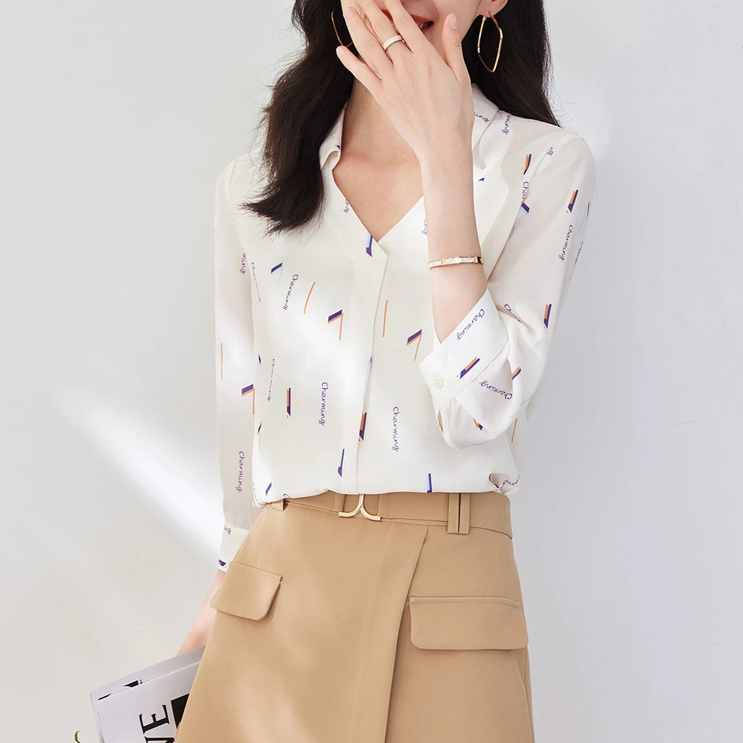 OSA/欧莎 轻职场v领七分袖雪纺衫衬衫衬衣女上衣S122B17006