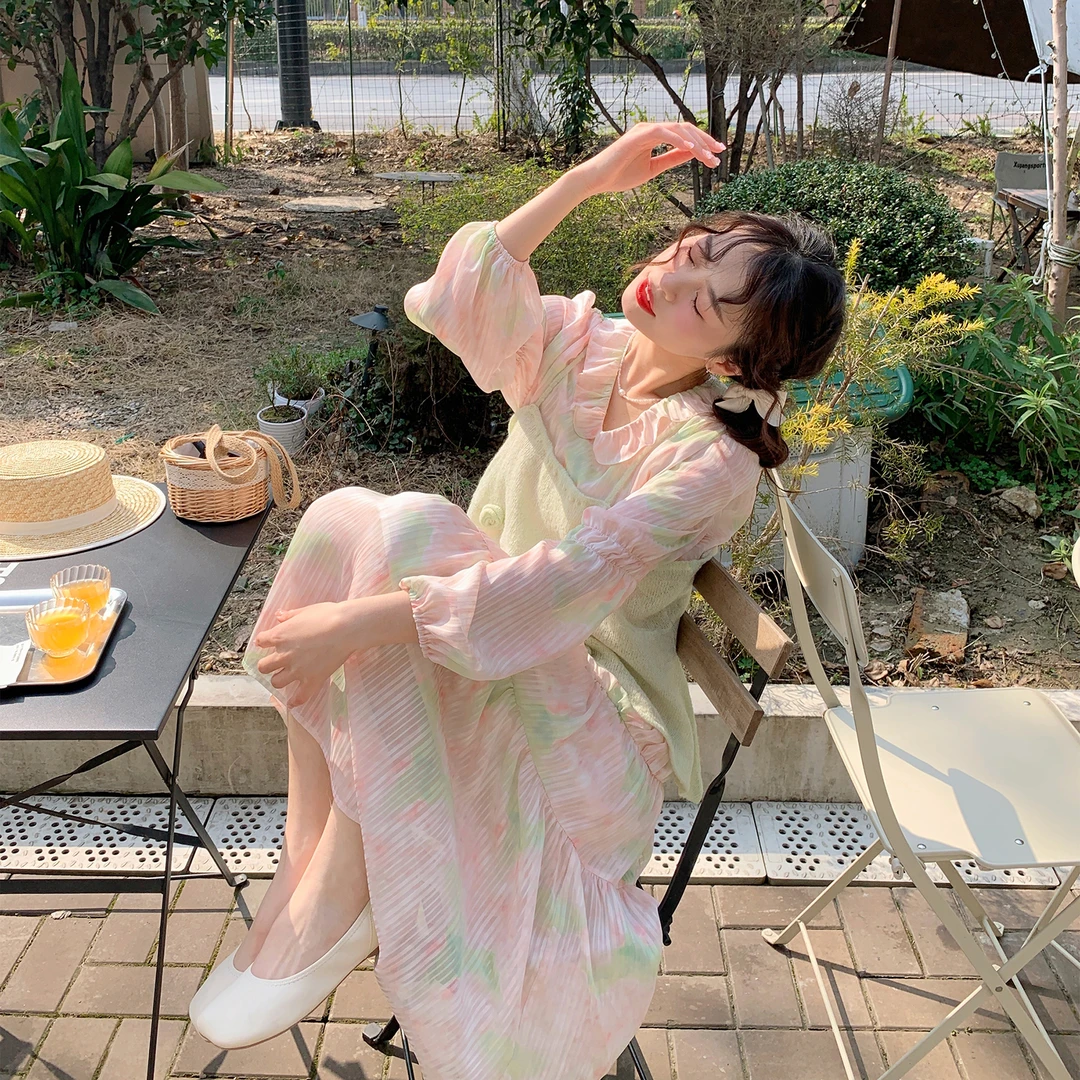小镇姗姗 花与爱丽丝~连衣裙印花甜美风春季碎花裙子仙女裙长袖女